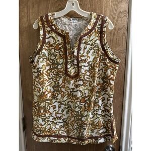 Appraisal Woman Tank Top Brown Green White Fitted Side Zip 1/4 Button Ramie XL